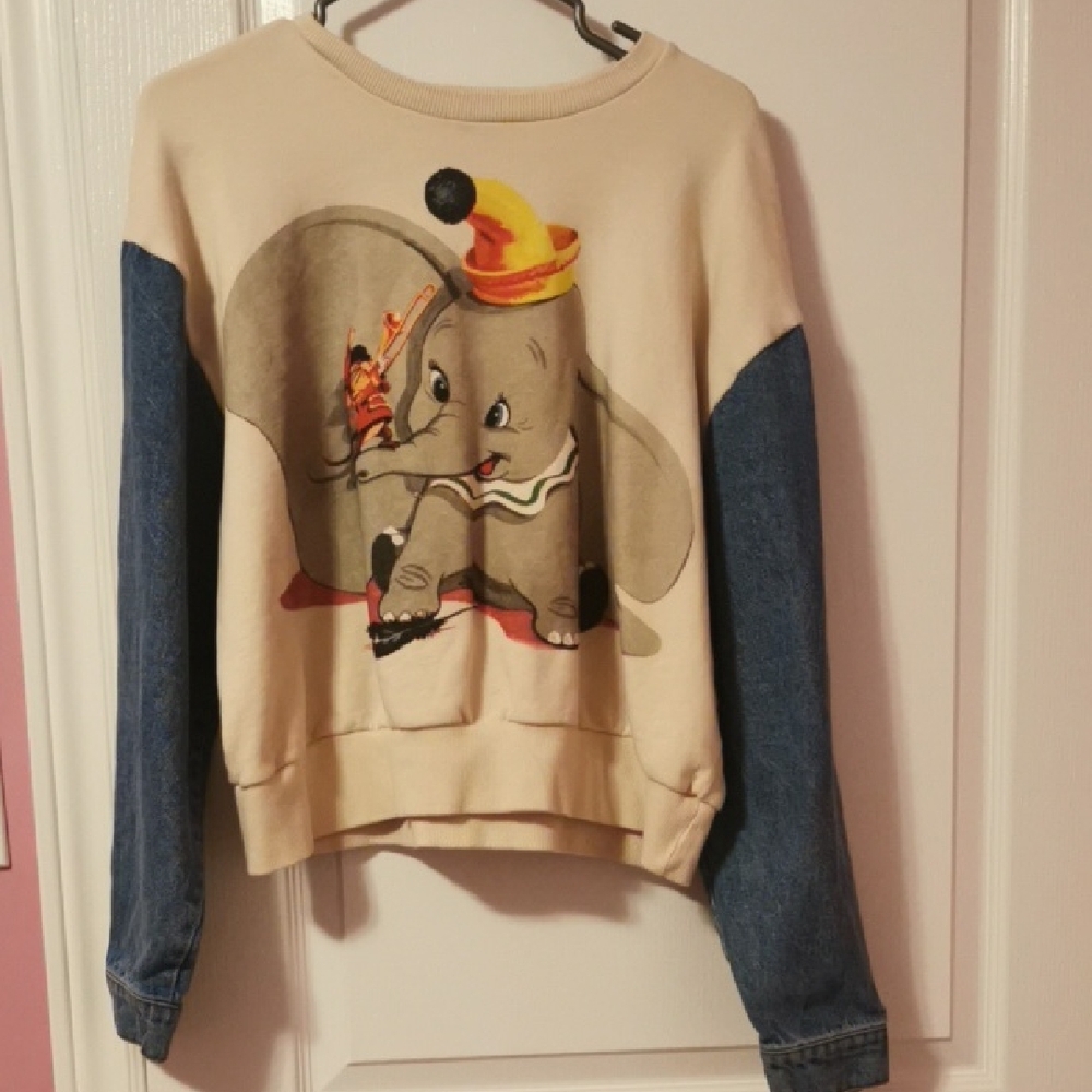 Zara Cream and Blue Crew Neck Sweater with Cartoon Graphic